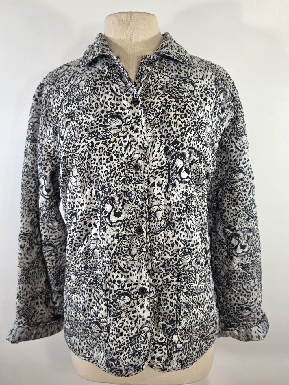 Anna & Frank Silk Black & White Leopard Print Lightweight Quilted Jacket Large